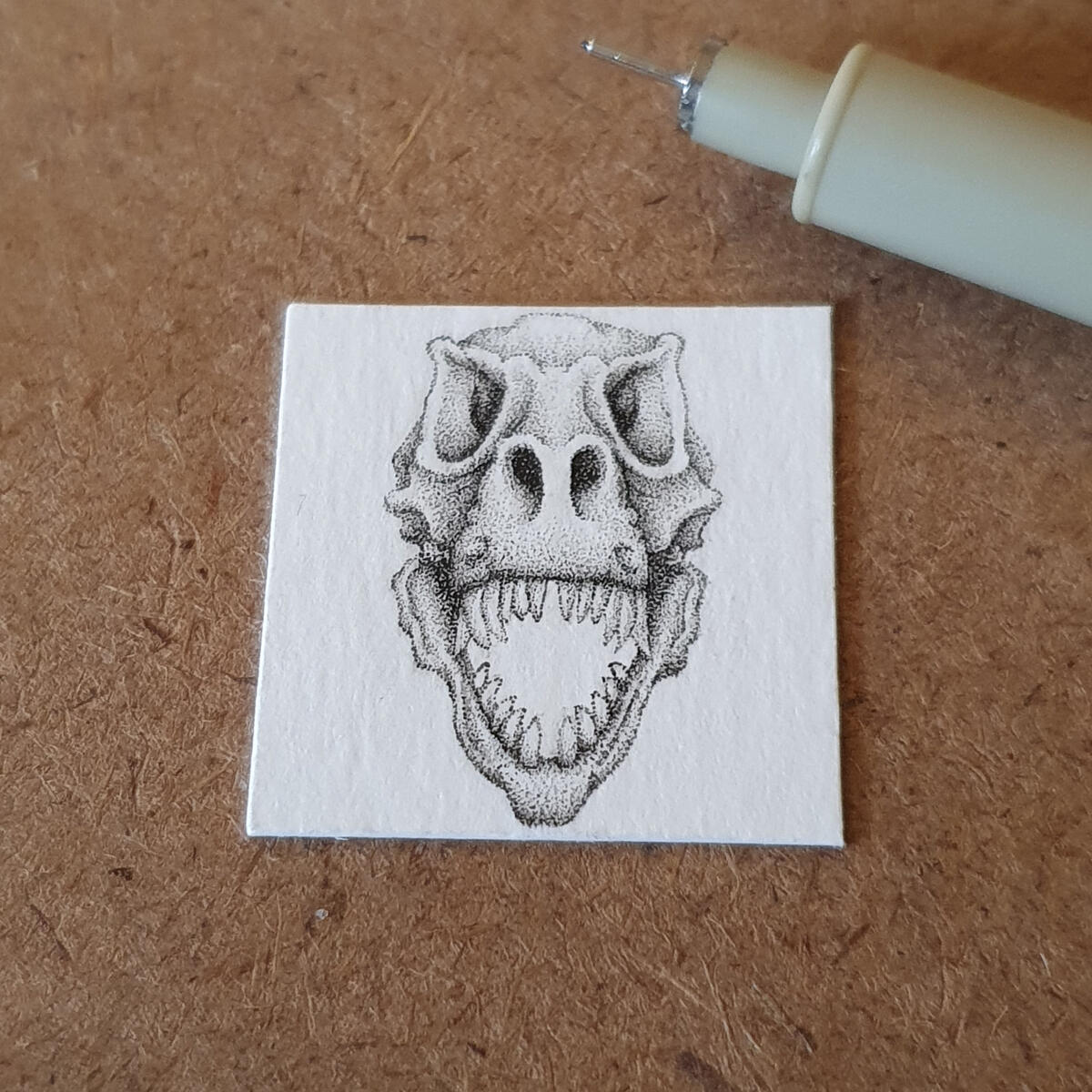 Miniature drawing 1 inch pointillism trex tyrannosaurus rex skull bone fossil