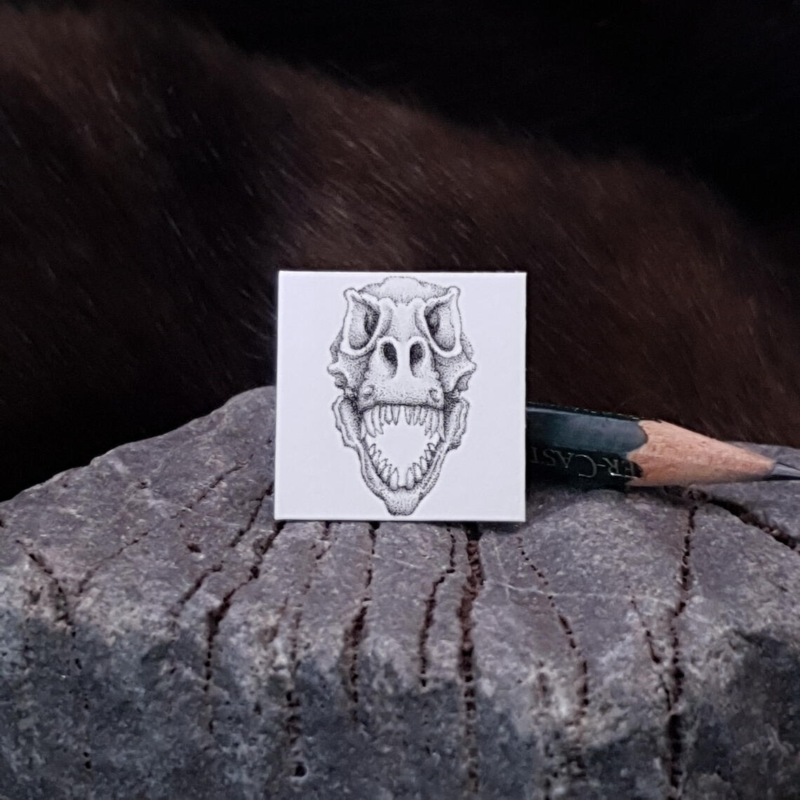 Miniature drawing 1 inch pointillism trex tyrannosaurus rex skull fossil