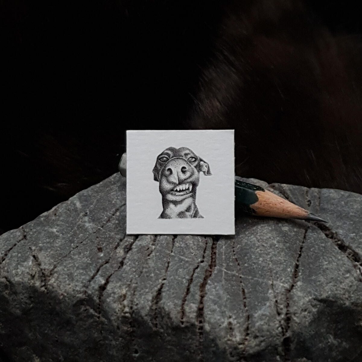 Miniature drawing 1 inch pointillism dog