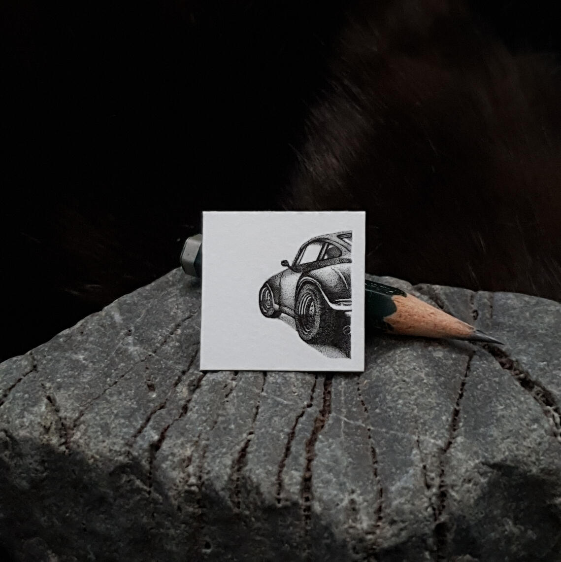 Miniature drawing 1 inch pointillism porsche 911 vw beetle
