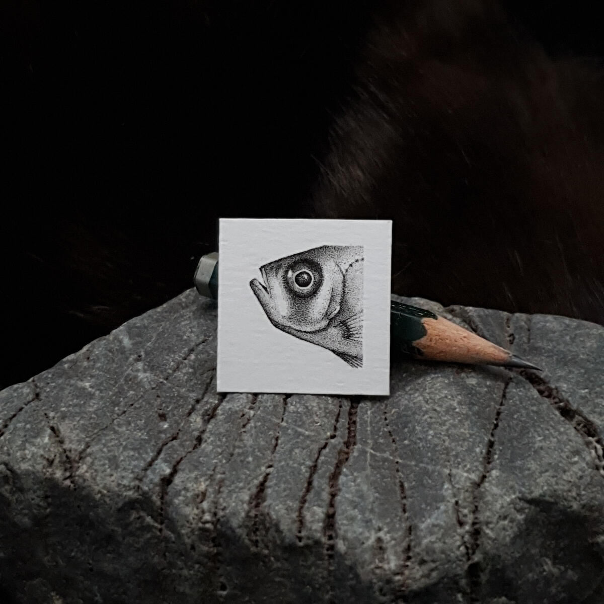 Miniature drawing 1 inch pointillism fish